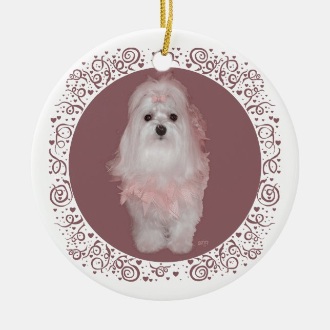 Maltese on Mauve Ceramic Ornament (Front)