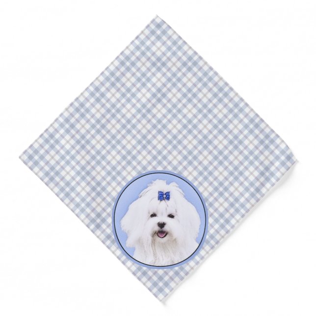 Maltese Painting Blue Bow Cute Original Dog Art Bandana (Front)