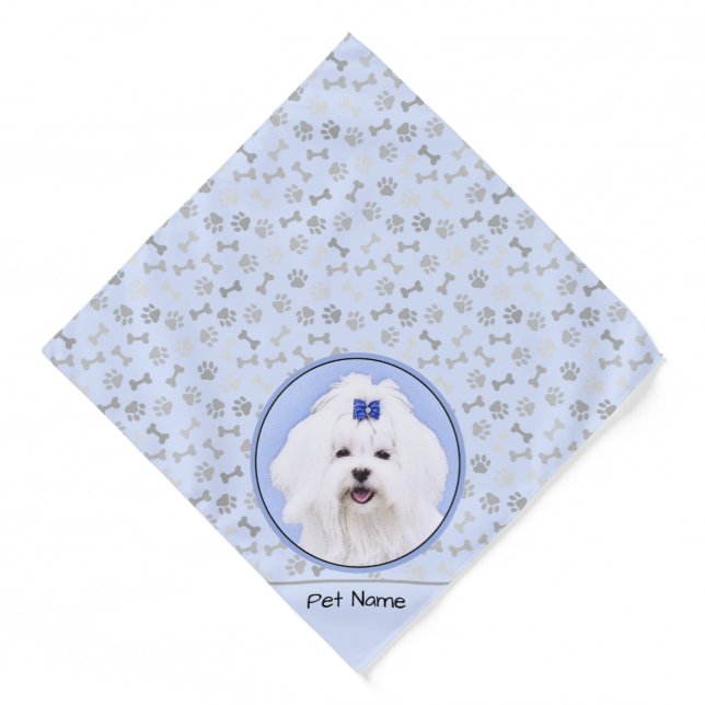 Maltese Painting Blue Bow Cute Original Dog Art Bandana (Front)