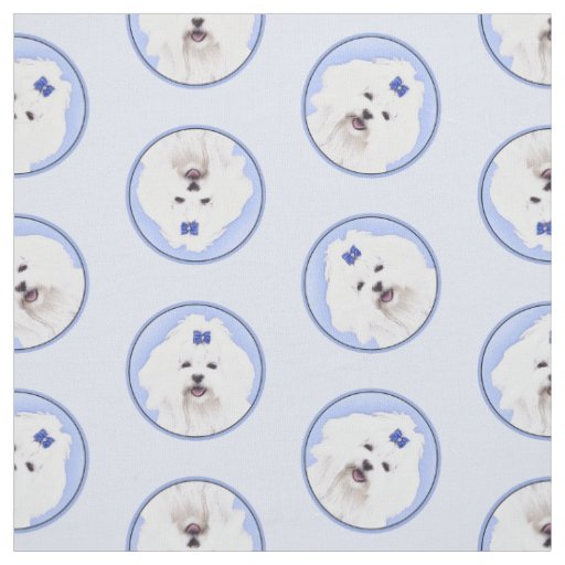 Maltese Painting Blue Bow Cute Original Dog Art Fabric