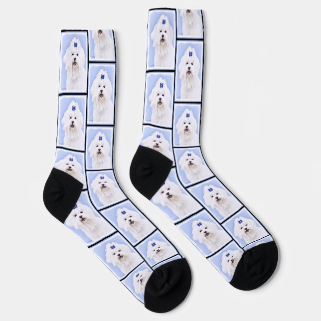 Maltese Painting Blue Bow Cute Original Dog Art Socks (Right)
