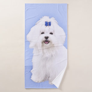 Maltese Painting - Cute Original Dog Art Bath Towel Set