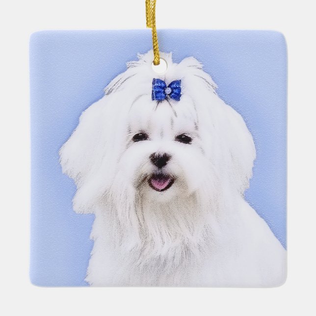 Maltese Painting - Cute Original Dog Art Ceramic Ornament (Front)