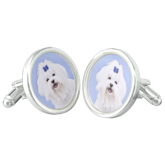 Maltese Painting - Cute Original Dog Art Cufflinks (Angled)