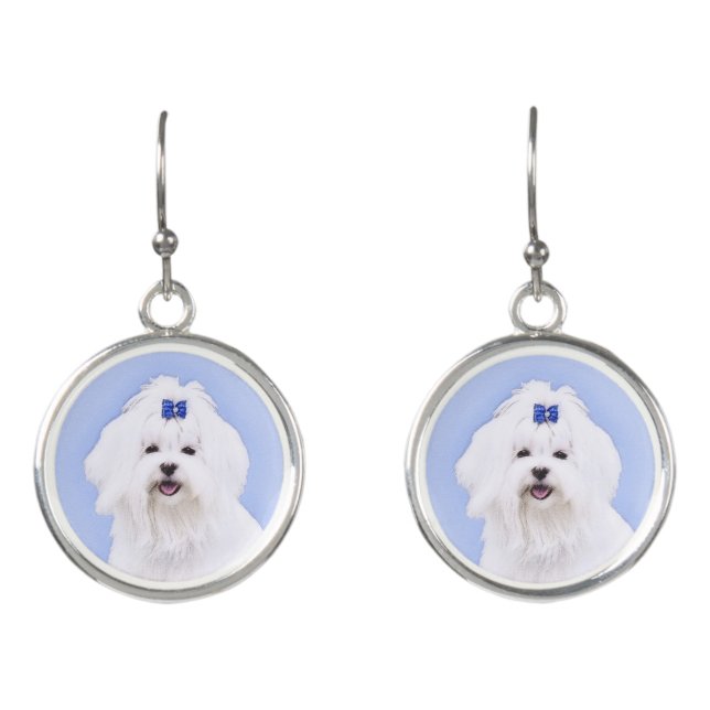 Maltese Painting - Cute Original Dog Art Earrings (Front)
