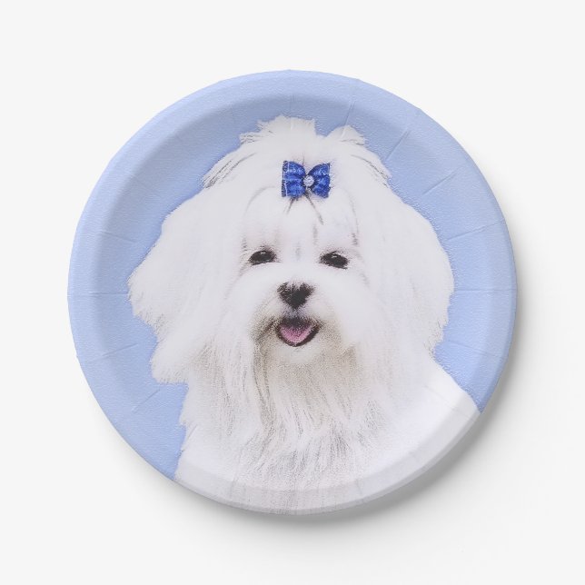 Maltese Painting - Cute Original Dog Art Paper Plates (Front)
