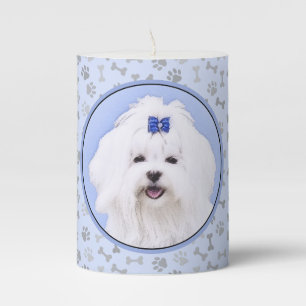 Maltese Painting - Cute Original Dog Art Pillar Candle