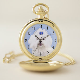 Maltese Painting - Cute Original Dog Art Pocket Watch