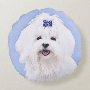 Maltese Painting - Cute Original Dog Art Round Pillow