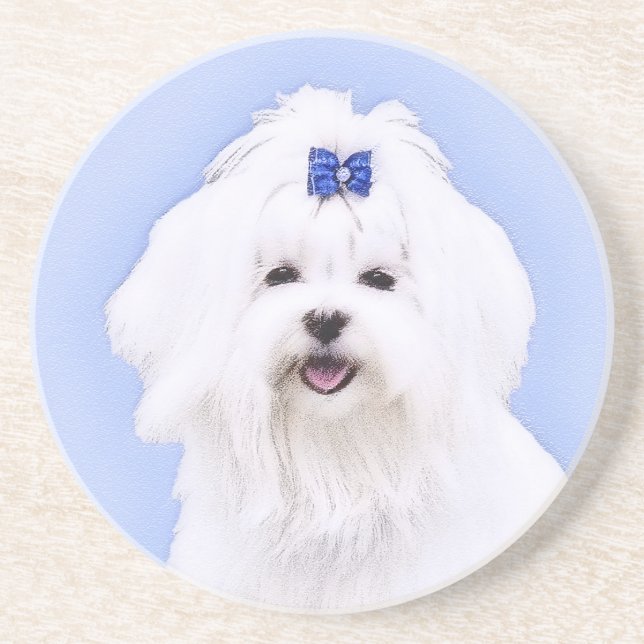 Maltese Painting - Cute Original Dog Art Sandstone Coaster (Front)
