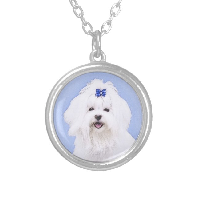 Maltese Painting - Cute Original Dog Art Silver Plated Necklace (Front)