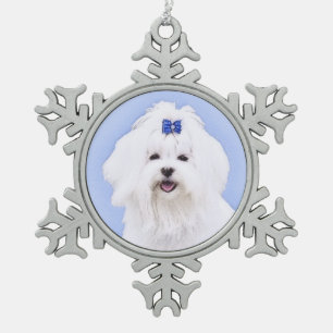 Maltese Painting - Cute Original Dog Art Snowflake Pewter Christmas Ornament