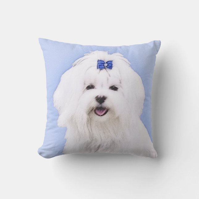 Maltese Painting - Cute Original Dog Art Throw Pillow (Front)