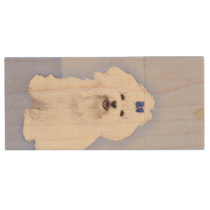 Maltese Painting - Cute Original Dog Art Wood Flash Drive