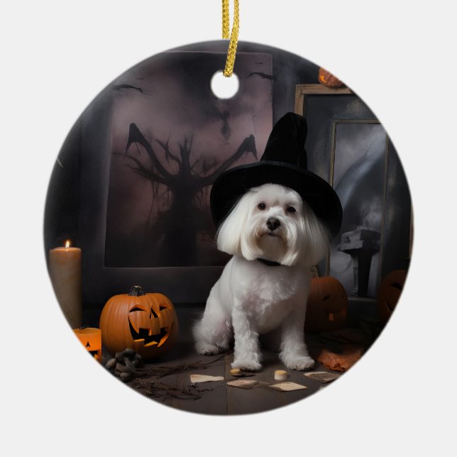 Maltese Pumpkins Halloween Scary  Ceramic Ornament (Front)