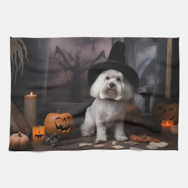 Maltese Pumpkins Halloween Scary  Kitchen Towel (Horizontal)
