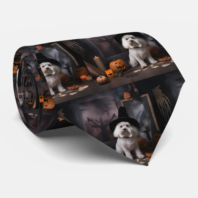 Maltese Pumpkins Halloween Scary  Neck Tie (Rolled)