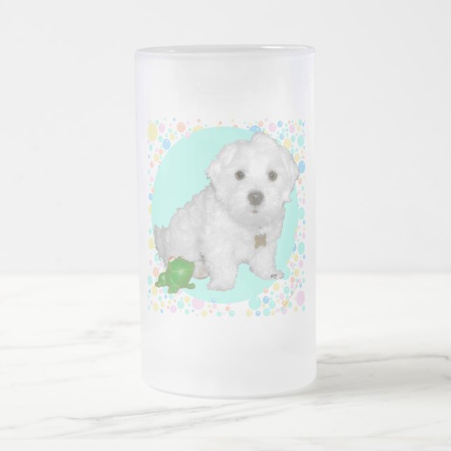 Maltese Pup with Bubbles Frosted Glass Beer Mug (Center)