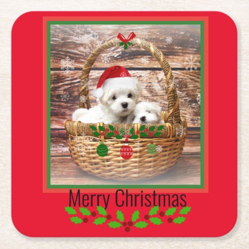 Maltese Puppies Christmas Basket Square Paper Coaster