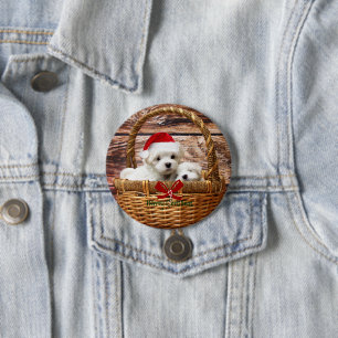 Maltese Puppies in a Christmas Basket Button