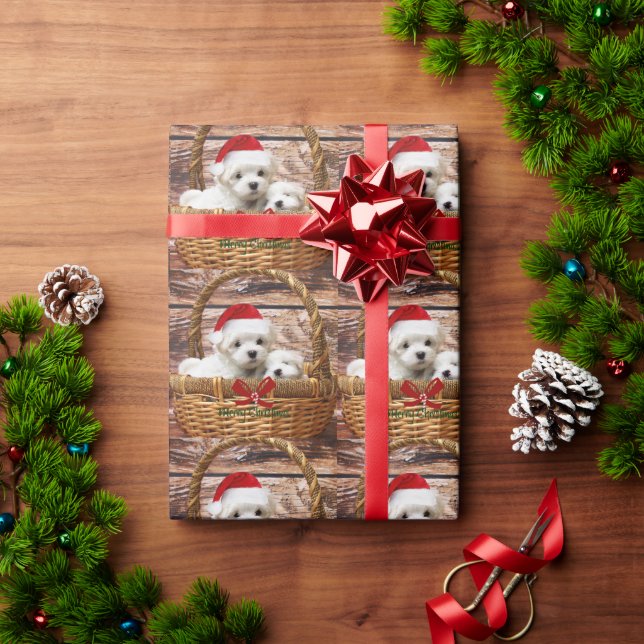 Maltese Puppies in a Christmas Basket Wrapping Paper (Holiday Gift)