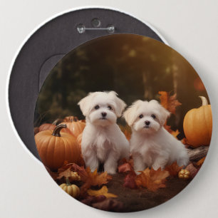 Maltese Puppy Autumn Delight Pumpkin Button