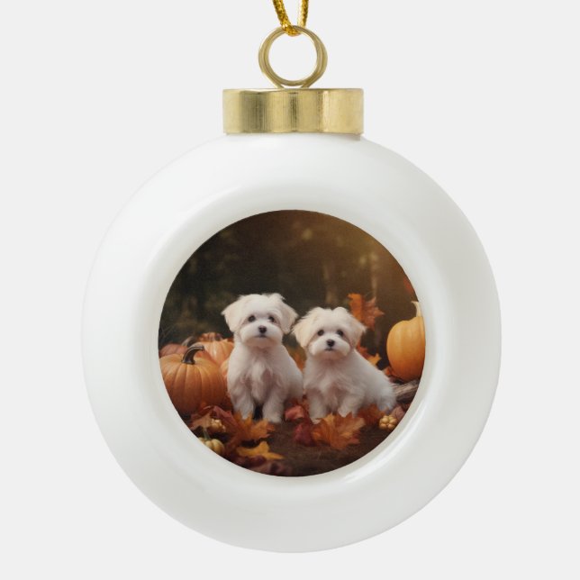 Maltese Puppy Autumn Delight Pumpkin  Ceramic Ball Christmas Ornament (Front)