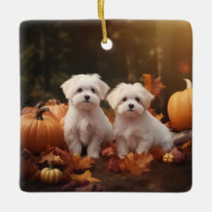 Maltese Puppy Autumn Delight Pumpkin Ceramic Ornament