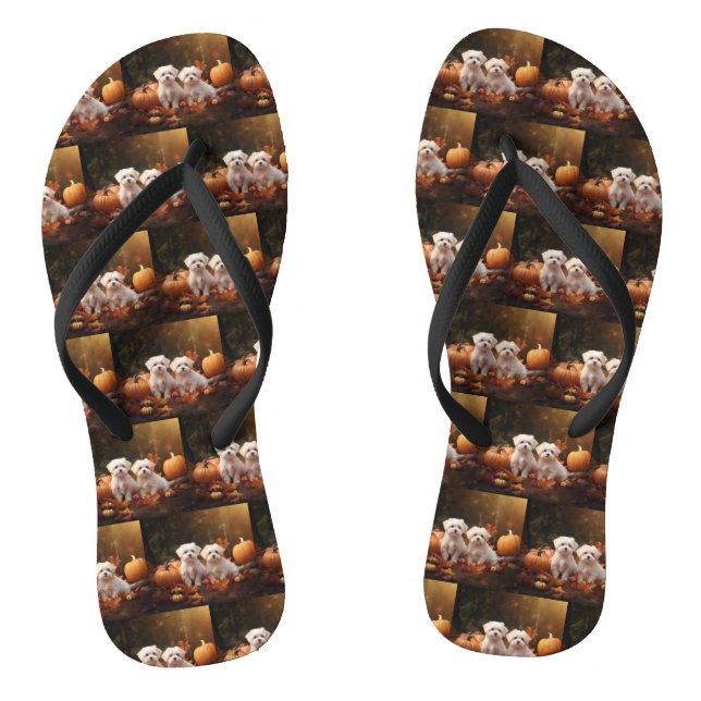 Maltese Puppy Autumn Delight Pumpkin  Flip Flops (Footbed)