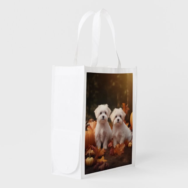 Maltese Puppy Autumn Delight Pumpkin  Grocery Bag (Front Side)