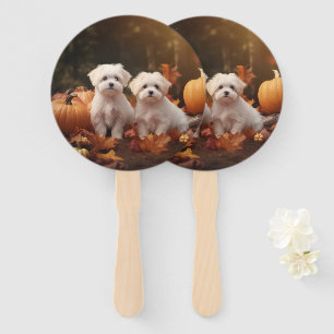Maltese Puppy Autumn Delight Pumpkin Hand Fan