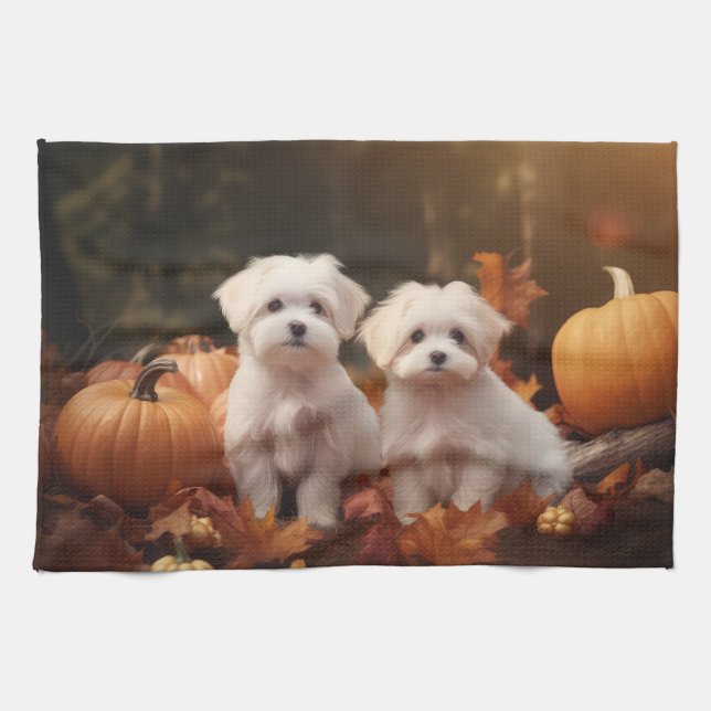 Maltese Puppy Autumn Delight Pumpkin  Kitchen Towel (Horizontal)