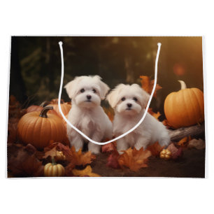 Maltese Puppy Autumn Delight Pumpkin Large Gift Bag