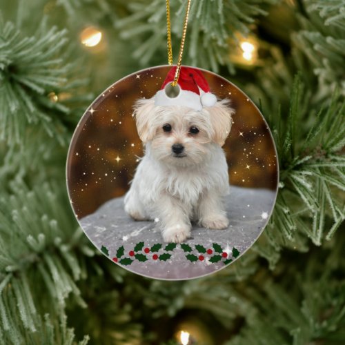 Maltese Puppy celebrates Christmas Ceramic Ornament