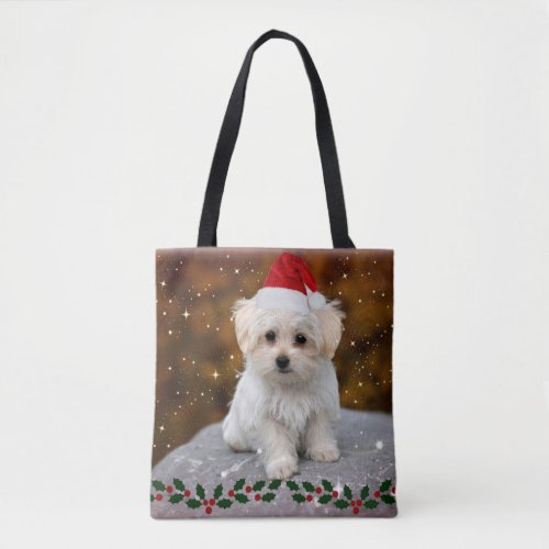 Maltese Puppy celebrates Christmas Tote Bag