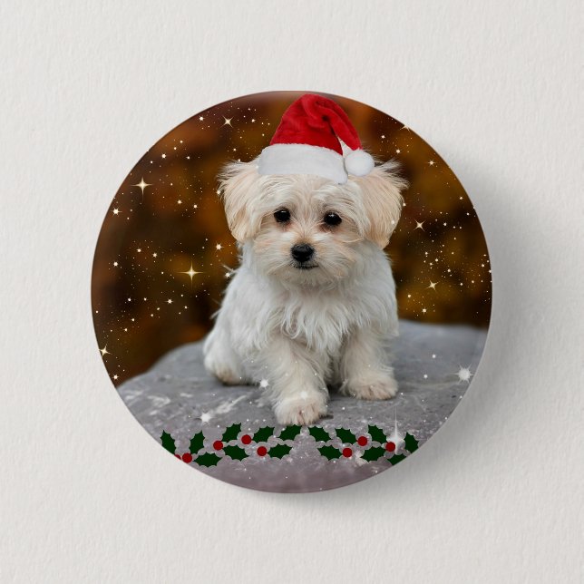 Maltese Puppy Christmas Button (Front)