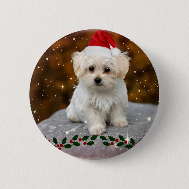 Maltese Puppy Christmas Button (Front)