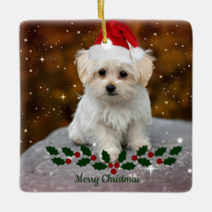 Maltese Puppy Christmas Ceramic Ornament