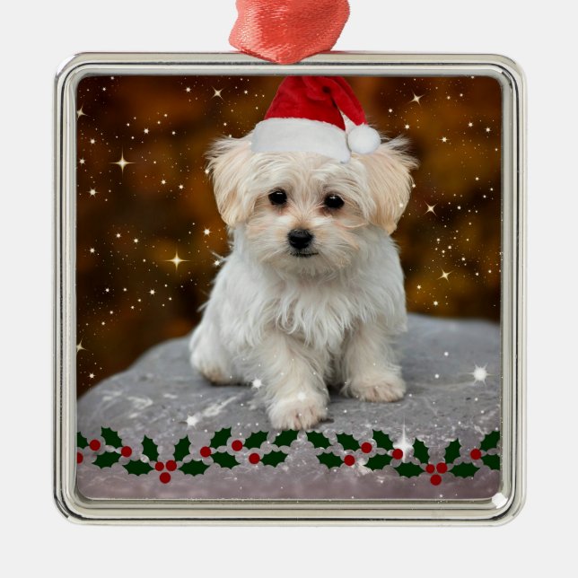 Maltese Puppy Christmas Metal Ornament (Front)
