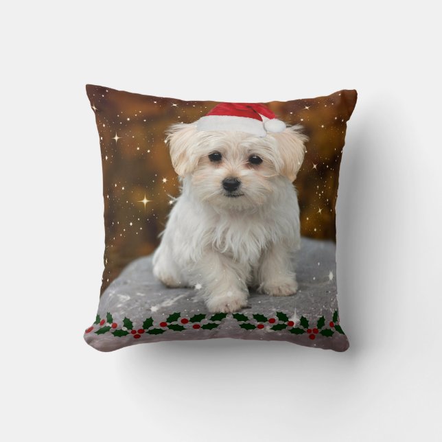 Maltese Puppy Christmas Throw Pillow (Front)