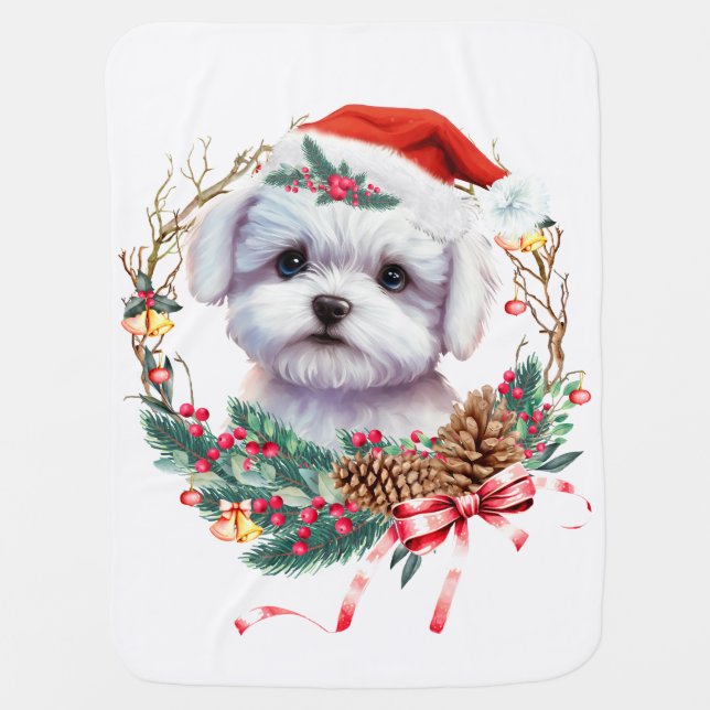 Maltese Puppy Christmas, Xmas Maltese Dog Baby Blanket (Front)