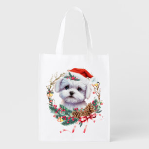 Maltese Puppy Christmas, Xmas Maltese Dog Grocery Bag