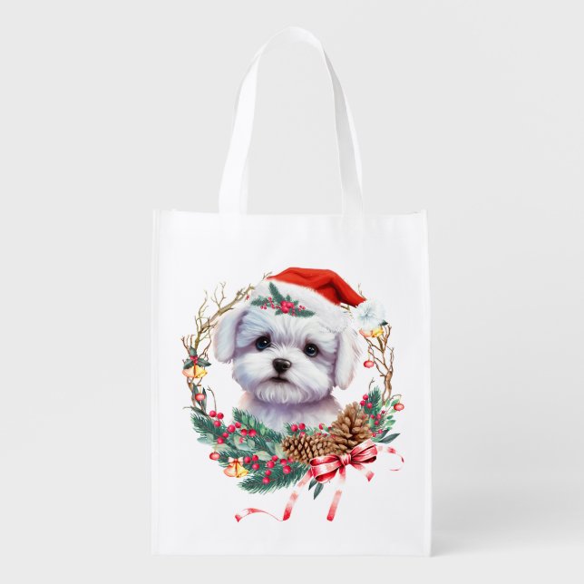 Maltese Puppy Christmas, Xmas Maltese Dog Grocery Bag (Front)