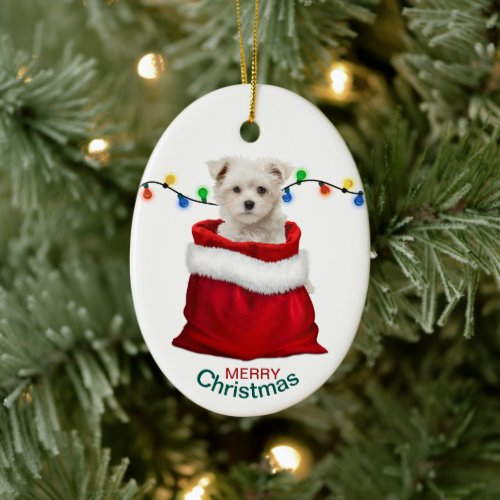 Maltese Puppy Dog in Holiday Gift Bag Ceramic Ornament