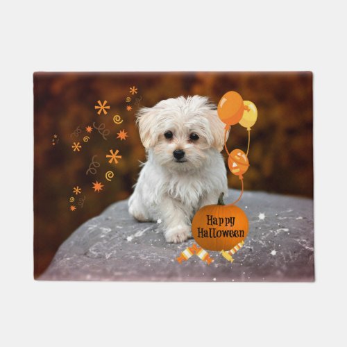 Maltese Puppy Halloween Celebration Doormat