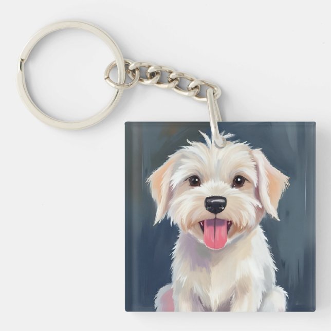 Maltese Puppy | White Dog Painting Keychain (Front)