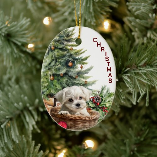 Maltese Puppy Wicker Basket Christmas Ceramic Ornament