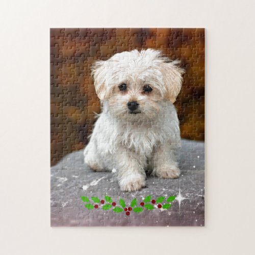 Maltese Puppy with Christmas holly Jigsaw Puzzle