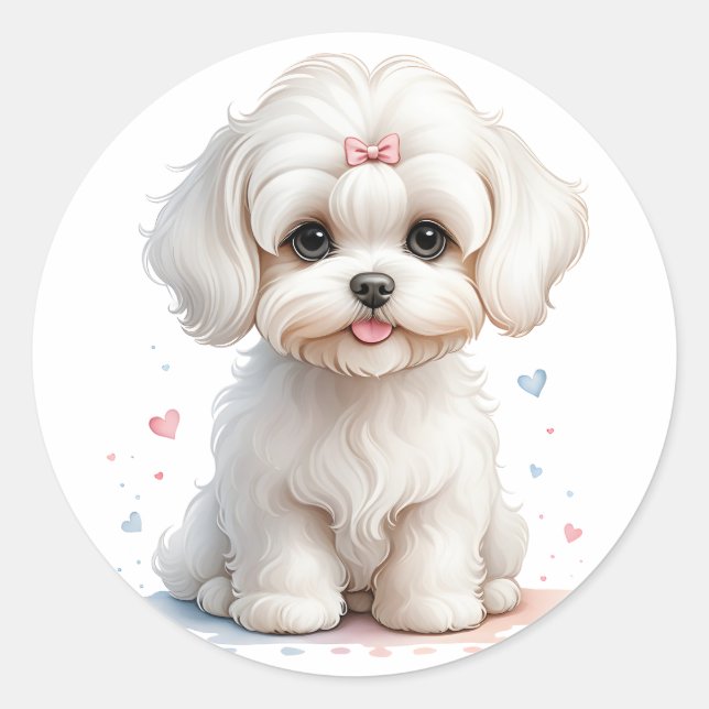 Maltese Puppy with Pink Bow Classic Round Sticker (Front)