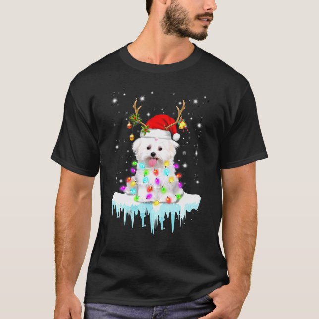 Maltese Reindeer Santa Hat Christmas Light Ornamen T-Shirt (Front)